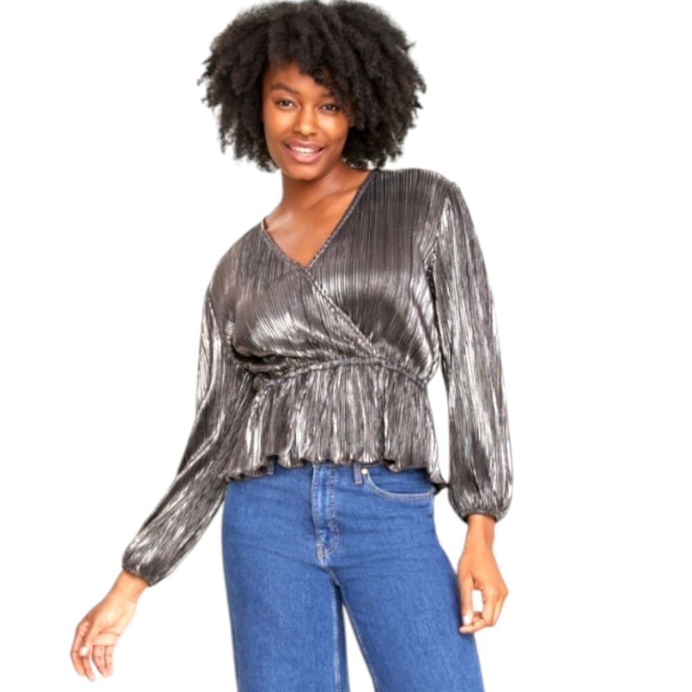 ON 34th Women's metallic Plus Size pleated Surplice V-neck Peplum dress top